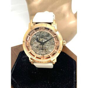 Stuhrling Women's Watch M18393 Automatic Skeleton Dial Rose Gold White Leather